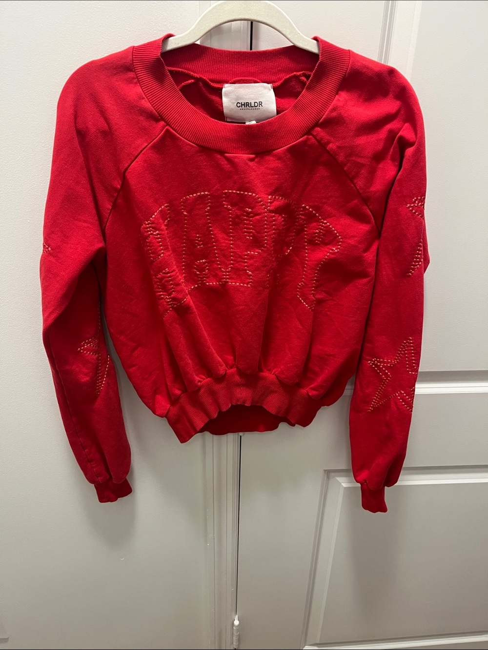 CHRLDR Red Cropped Rhinestone Star Sweatshirt